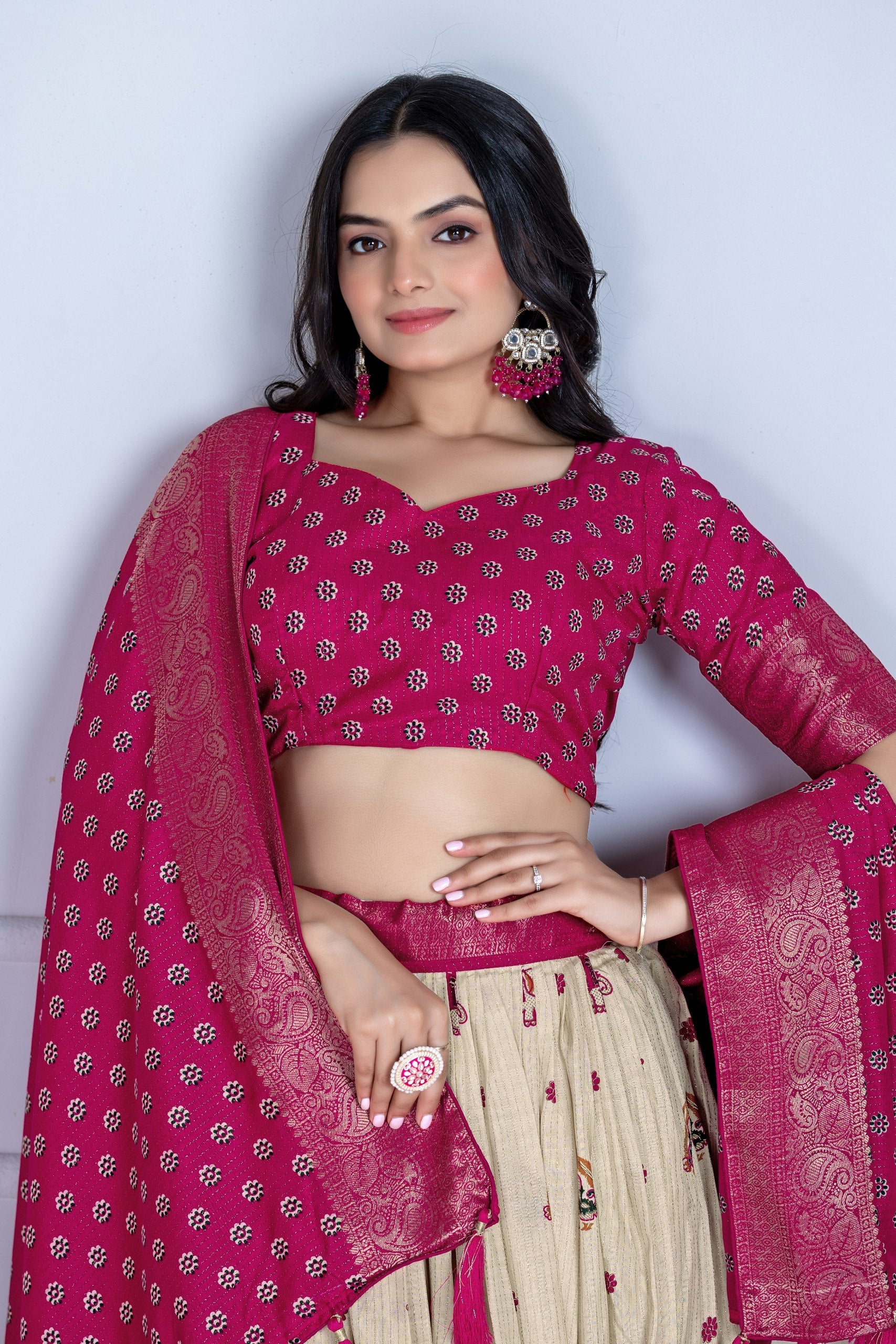 Women's Cream & Rani Pink Heavy Lichi Jacquard Lehenga Choli with Dupatta | Wedding & Festive Wear
