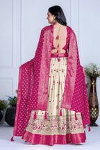 Women's Cream & Rani Pink Heavy Lichi Jacquard Lehenga Choli with Dupatta | Wedding & Festive Wear