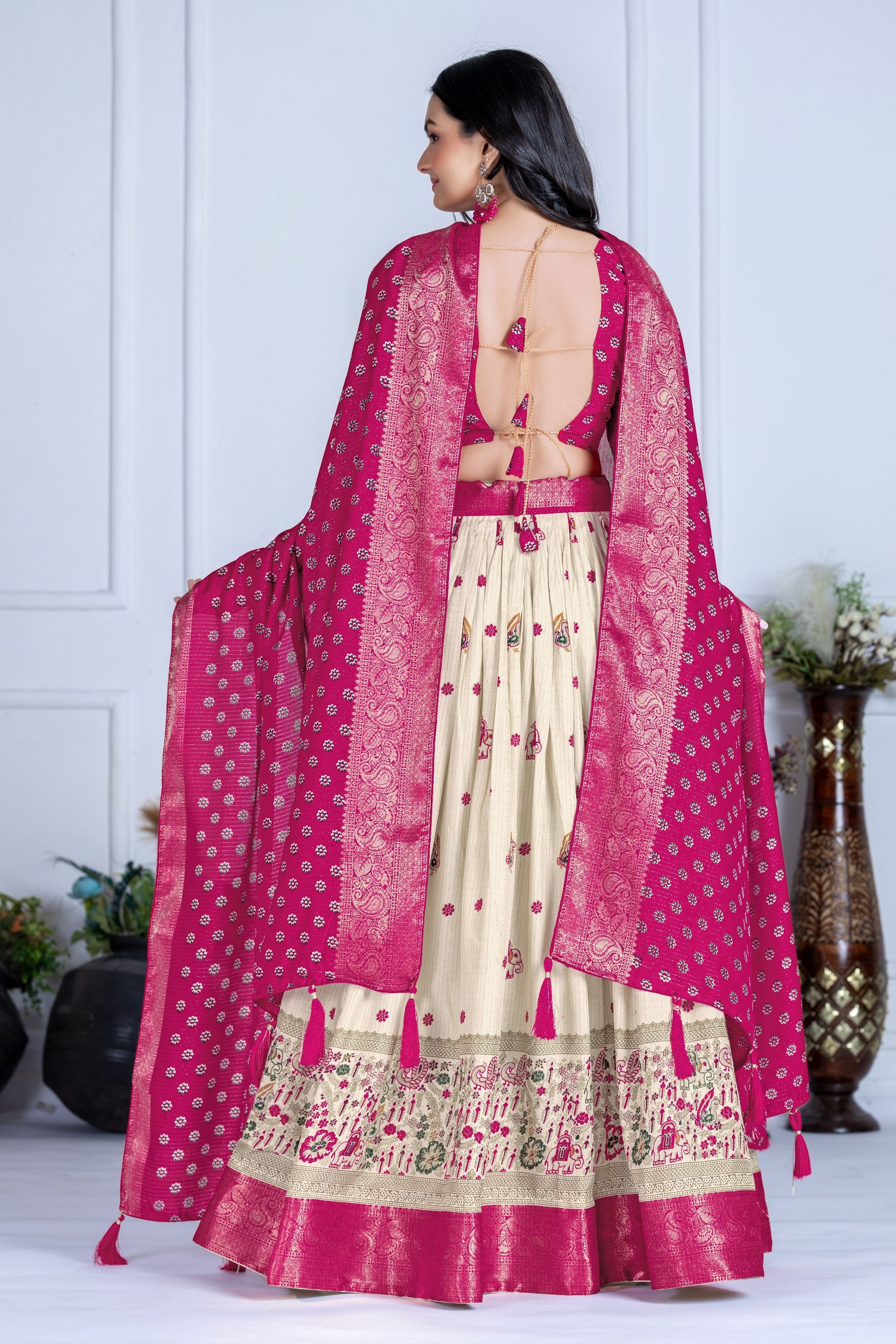 Women's Cream & Rani Pink Heavy Lichi Jacquard Lehenga Choli with Dupatta | Wedding & Festive Wear