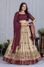Women's Cream & Wine Heavy Lichi Jacquard Lehenga Choli with Dupatta | Wedding & Festive Wear