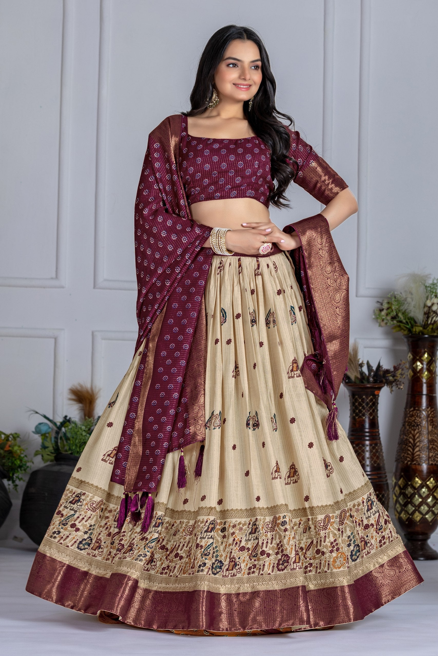 Women's Cream & Wine Heavy Lichi Jacquard Lehenga Choli with Dupatta | Wedding & Festive Wear