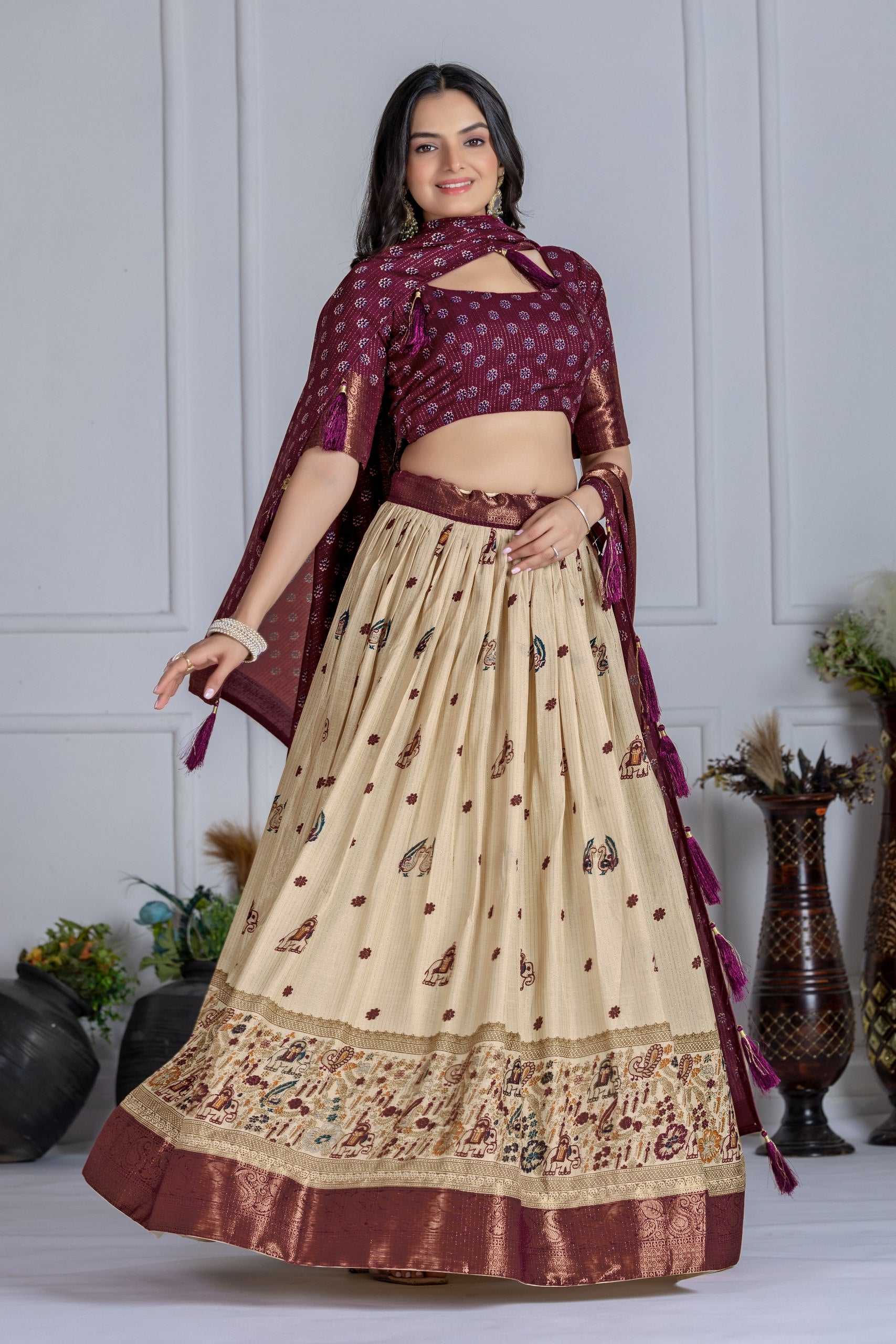 Women's Cream & Wine Heavy Lichi Jacquard Lehenga Choli with Dupatta | Wedding & Festive Wear