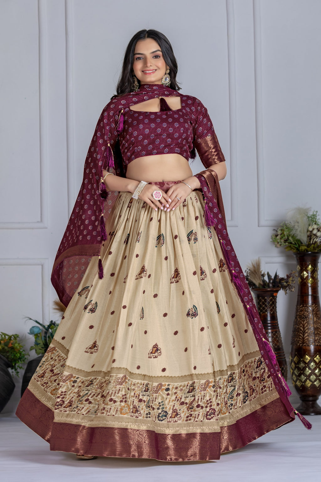 Women's Cream & Wine Heavy Lichi Jacquard Lehenga Choli with Dupatta | Wedding & Festive Wear