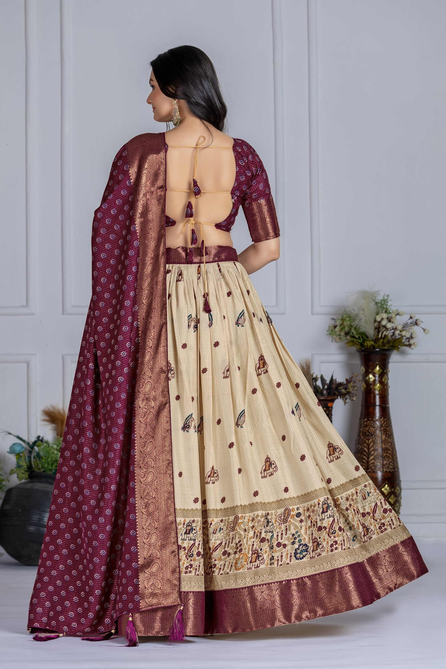 Women's Cream & Wine Heavy Lichi Jacquard Lehenga Choli with Dupatta | Wedding & Festive Wear
