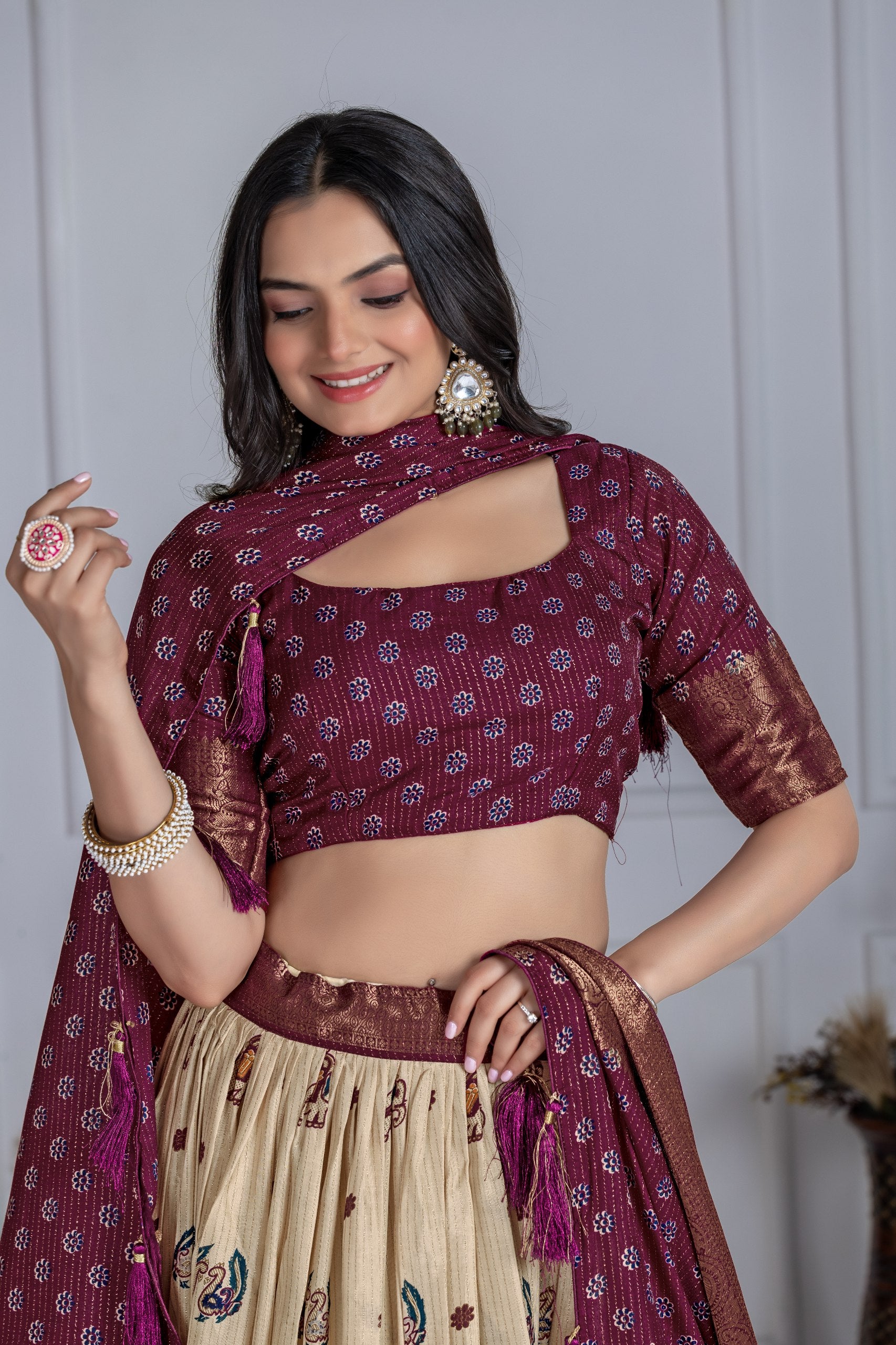 Women's Cream & Wine Heavy Lichi Jacquard Lehenga Choli with Dupatta | Wedding & Festive Wear
