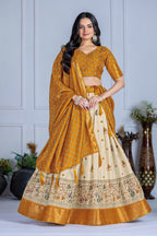 Women's Cream & Yellow Heavy Lichi Jacquard Lehenga Choli with Dupatta | Wedding & Festive Wear
