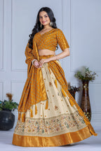 Women's Cream & Yellow Heavy Lichi Jacquard Lehenga Choli with Dupatta | Wedding & Festive Wear