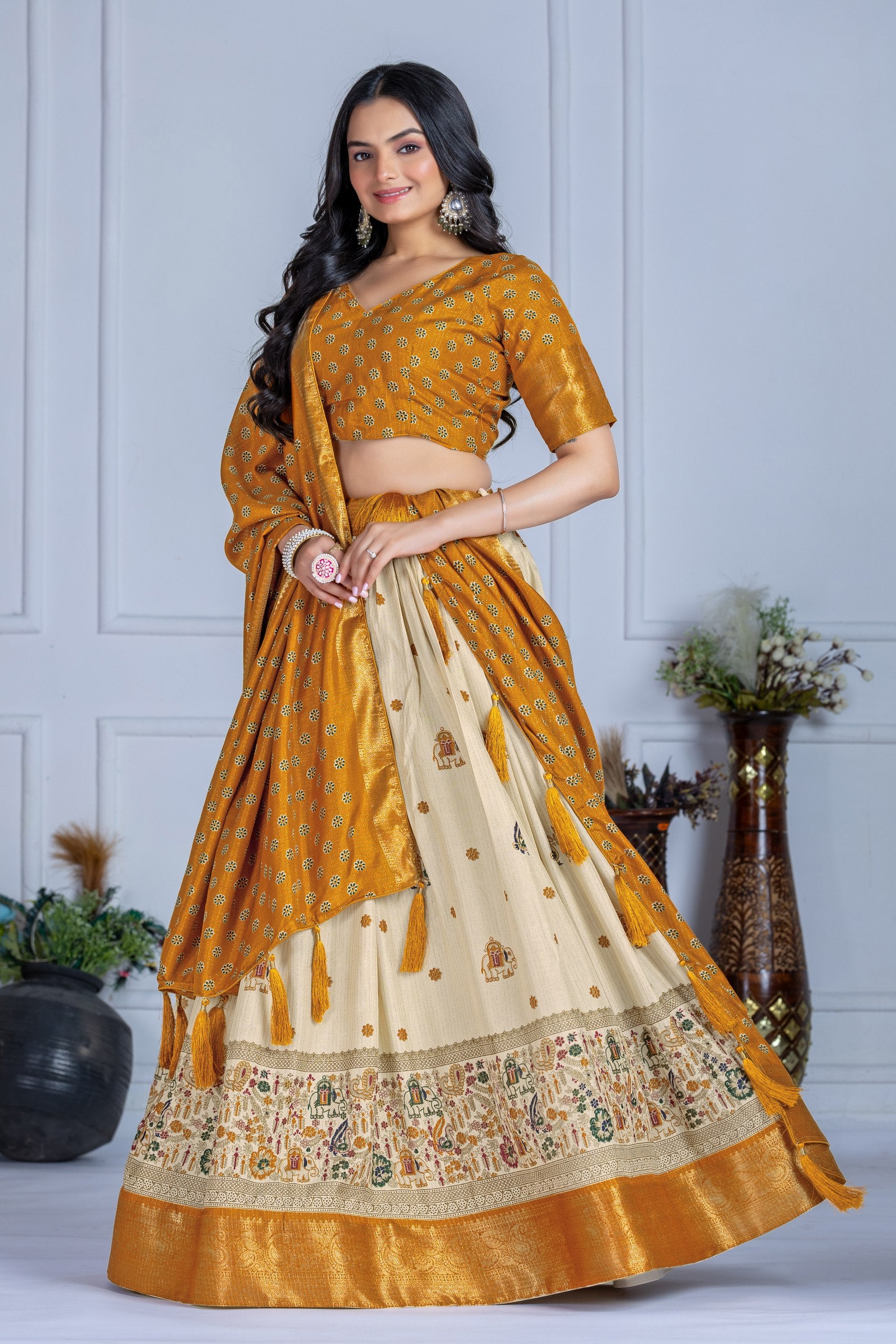 Women's Cream & Yellow Heavy Lichi Jacquard Lehenga Choli with Dupatta | Wedding & Festive Wear