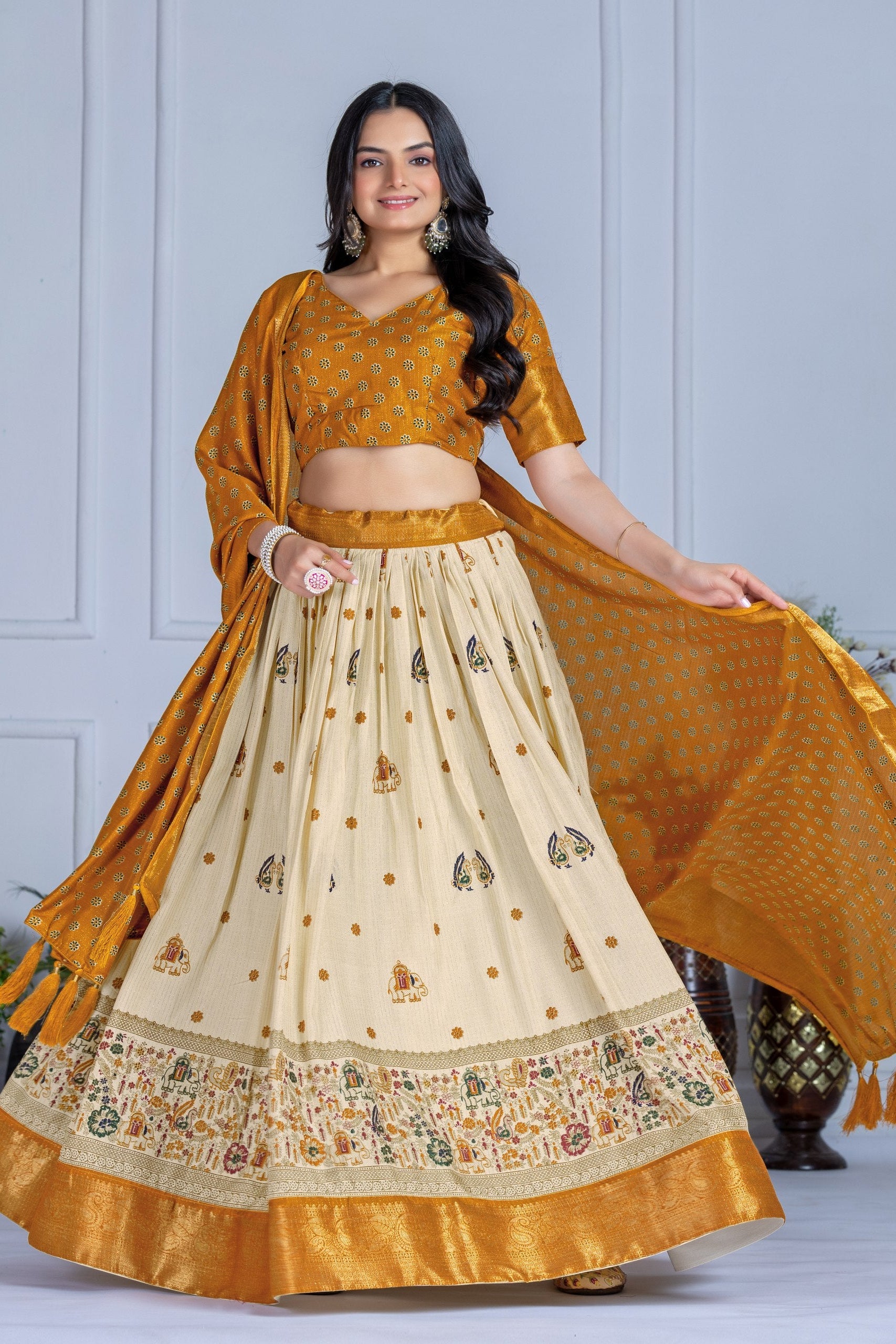 Women's Cream & Yellow Heavy Lichi Jacquard Lehenga Choli with Dupatta | Wedding & Festive Wear