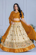 Women's Cream & Yellow Heavy Lichi Jacquard Lehenga Choli with Dupatta | Wedding & Festive Wear
