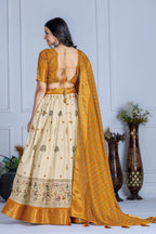 Women's Cream & Yellow Heavy Lichi Jacquard Lehenga Choli with Dupatta | Wedding & Festive Wear