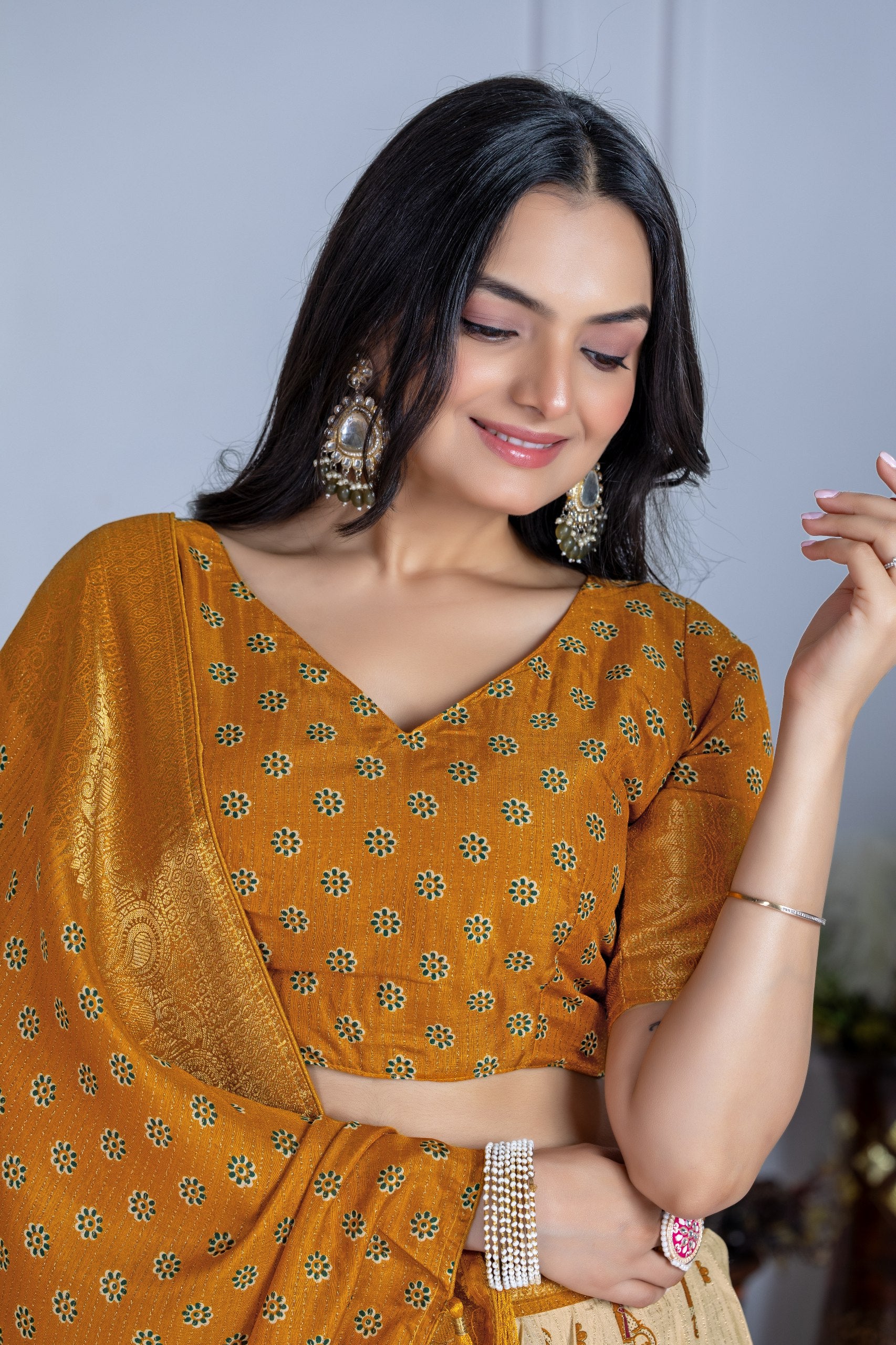 Women's Cream & Yellow Heavy Lichi Jacquard Lehenga Choli with Dupatta | Wedding & Festive Wear