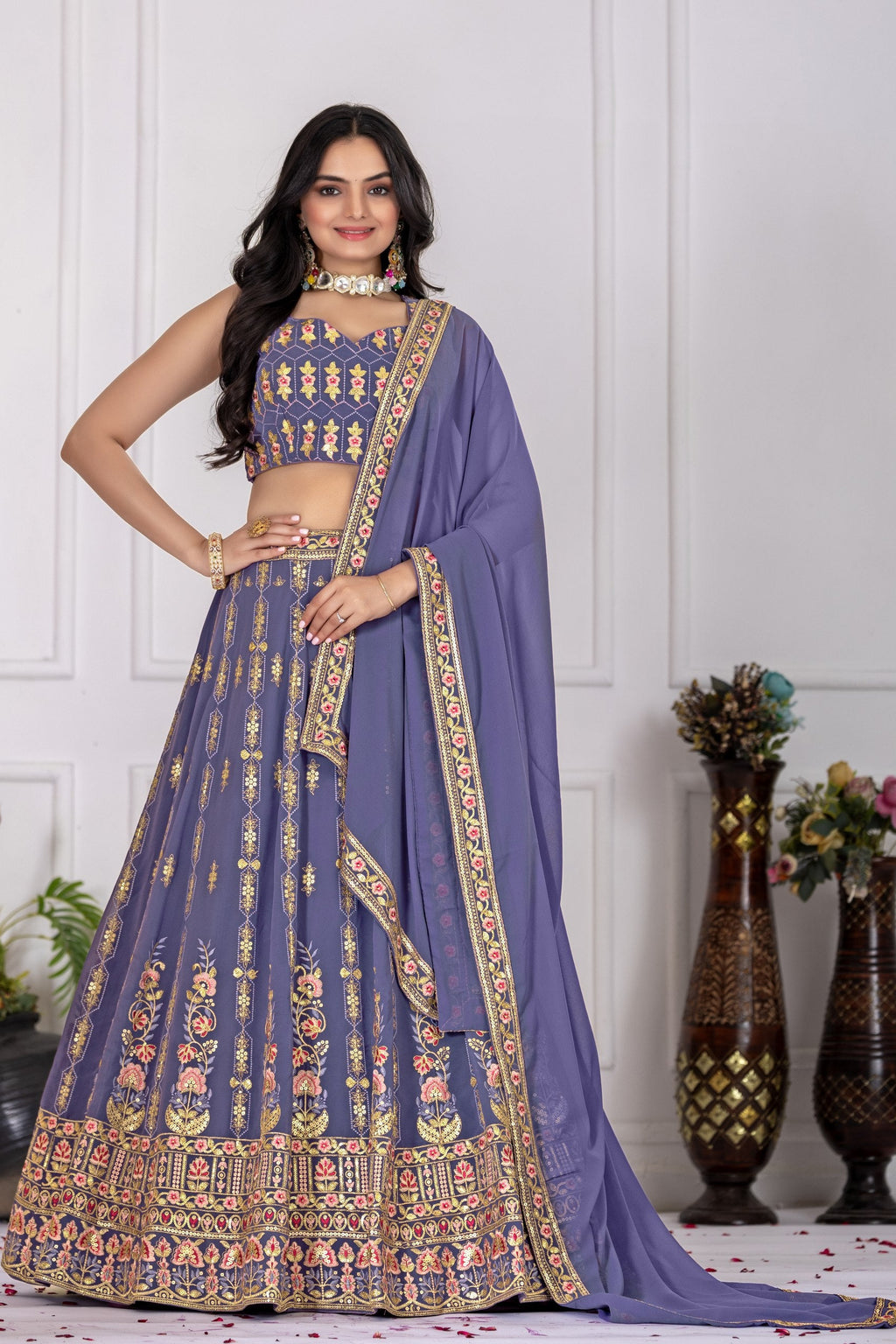 Women's Lavender Fox Georgette Embroidered Lehenga Choli with Dupatta | Wedding & Party Wear