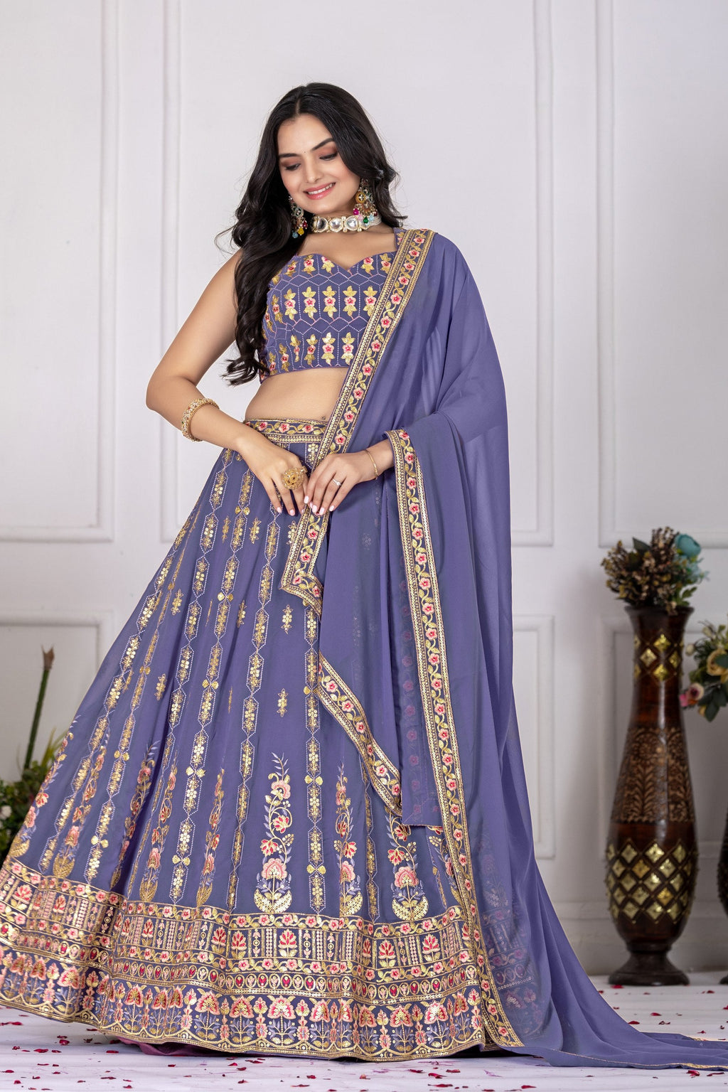 Women's Lavender Fox Georgette Embroidered Lehenga Choli with Dupatta | Wedding & Party Wear