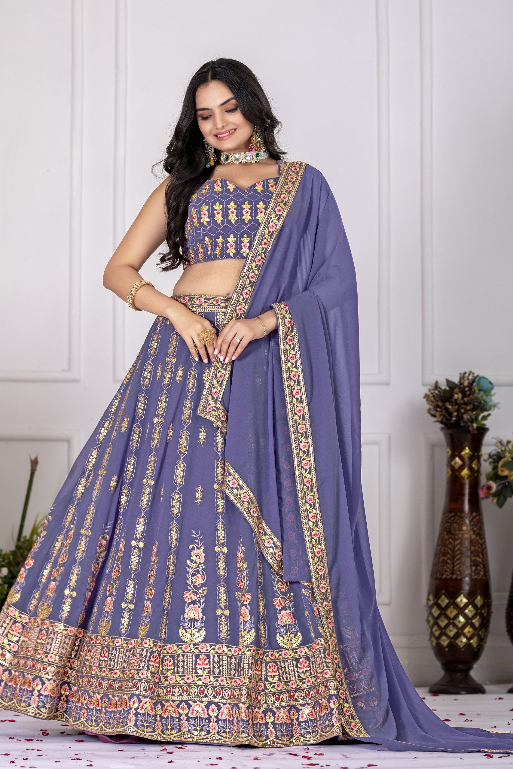 Women's Lavender Fox Georgette Embroidered Lehenga Choli with Dupatta | Wedding & Party Wear