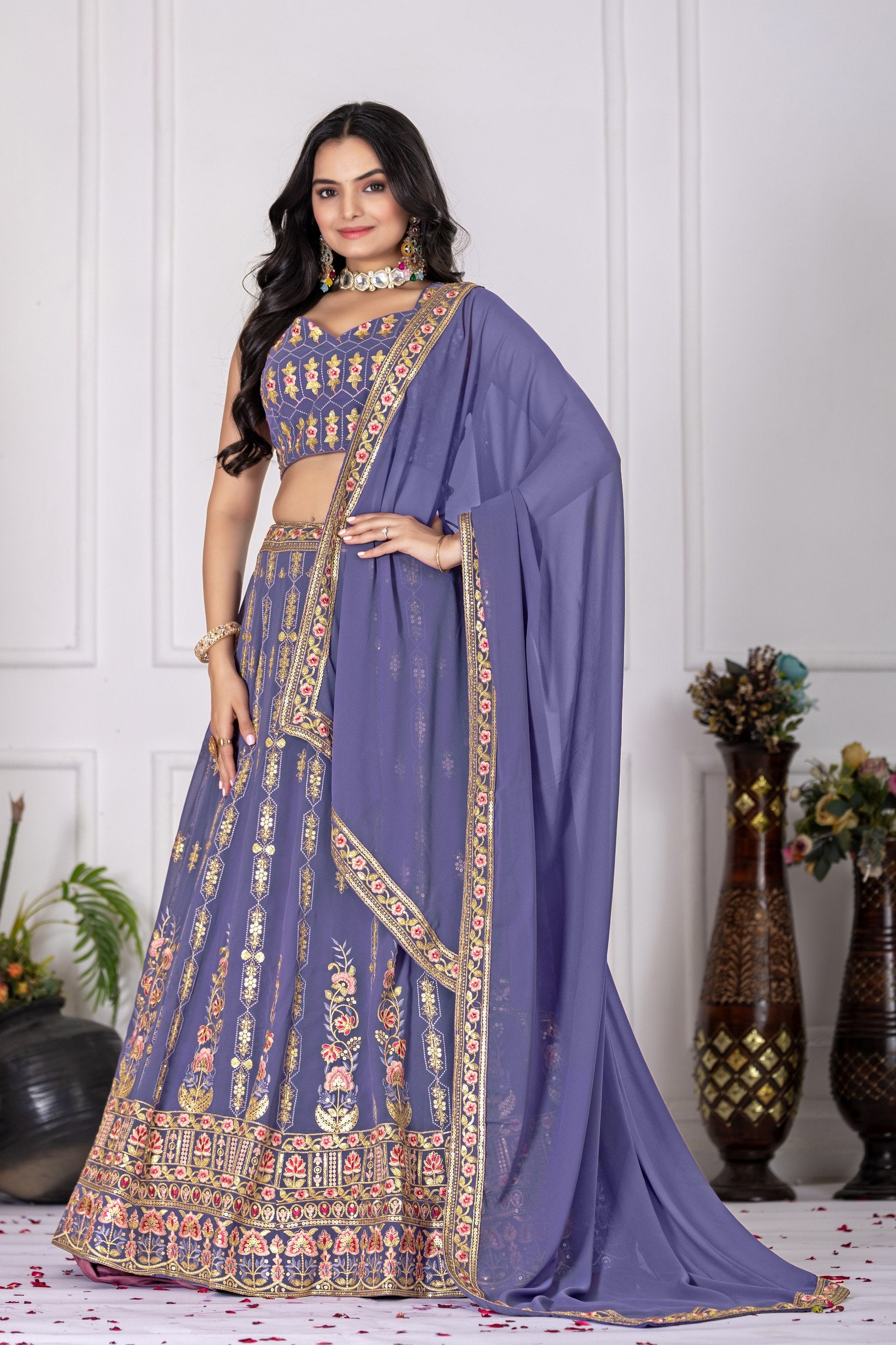 Women's Lavender Fox Georgette Embroidered Lehenga Choli with Dupatta | Wedding & Party Wear