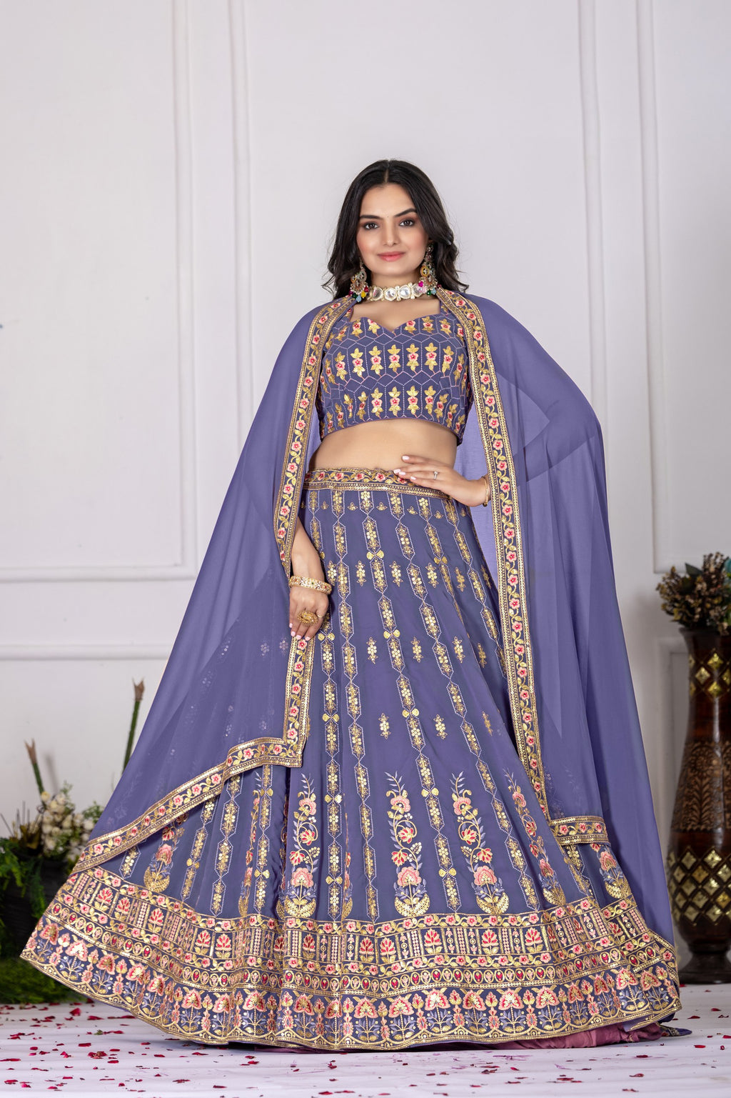 Women's Lavender Fox Georgette Embroidered Lehenga Choli with Dupatta | Wedding & Party Wear