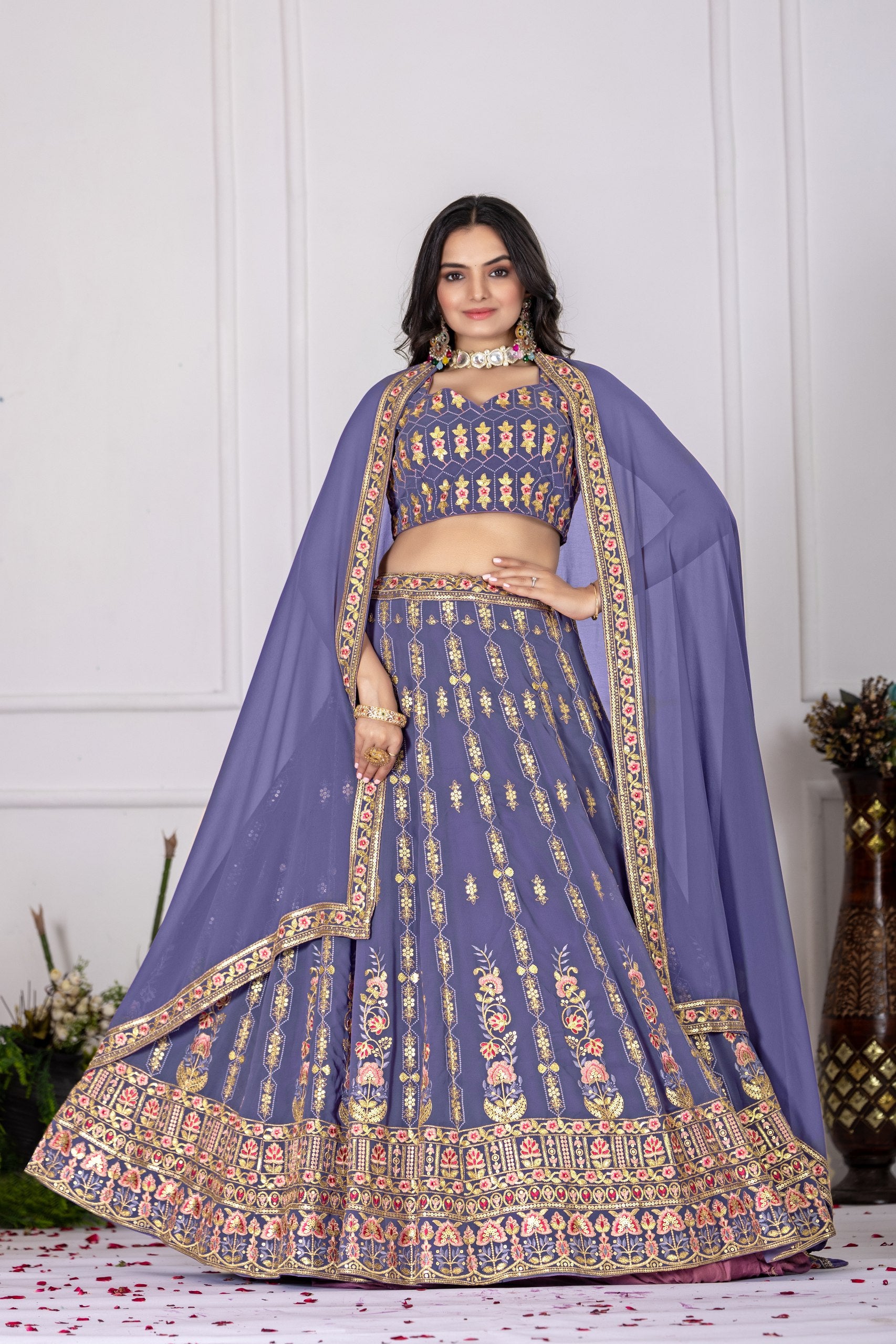 Women's Lavender Fox Georgette Embroidered Lehenga Choli with Dupatta | Wedding & Party Wear