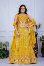 Women's Mustard Yellow Fox Georgette Embroidered Lehenga Choli with Dupatta | Wedding & Festive Wear