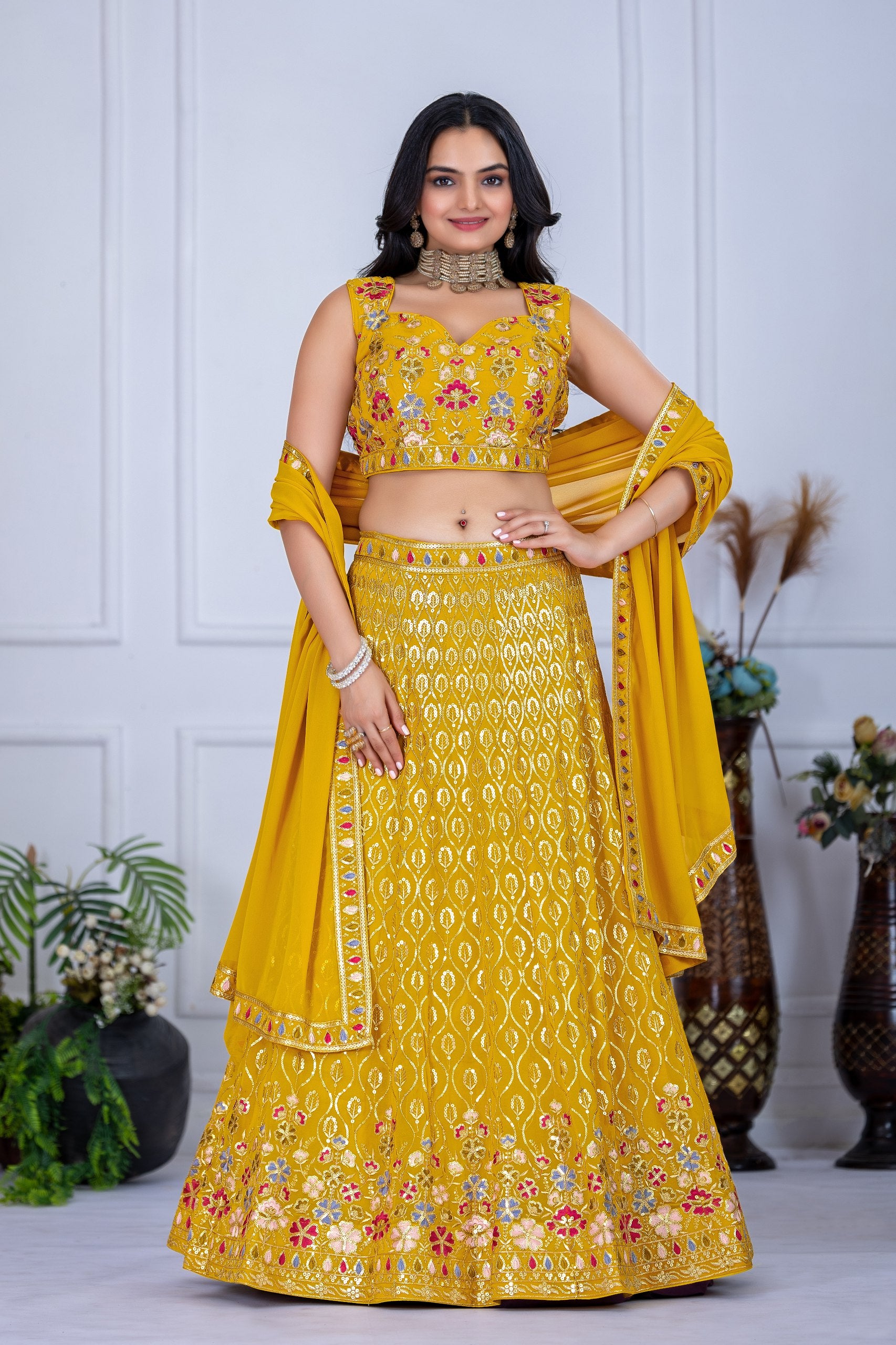 Women's Mustard Yellow Fox Georgette Embroidered Lehenga Choli with Dupatta | Wedding & Festive Wear