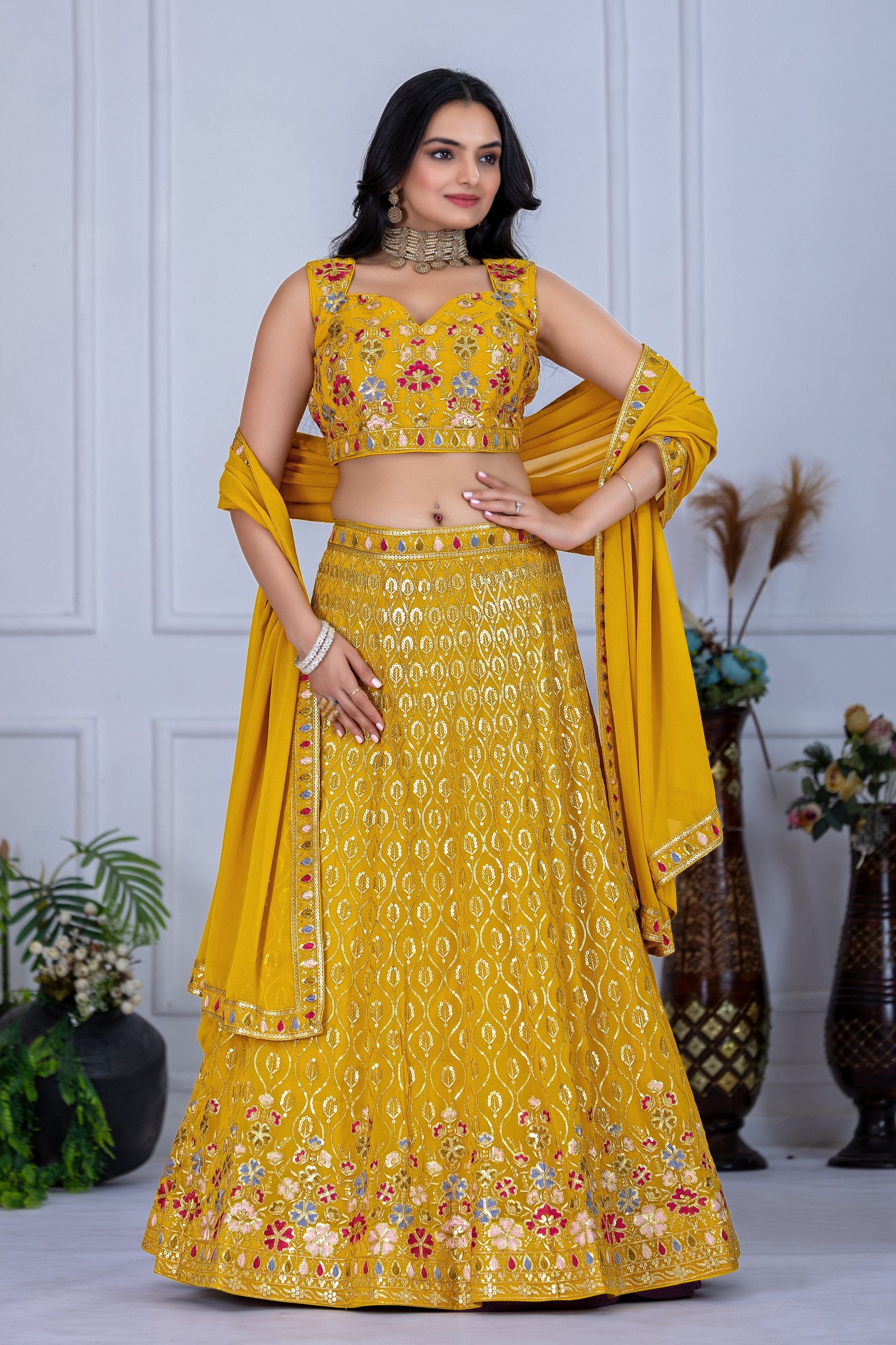 Women's Mustard Yellow Fox Georgette Embroidered Lehenga Choli with Dupatta | Wedding & Festive Wear
