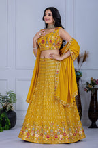 Women's Mustard Yellow Fox Georgette Embroidered Lehenga Choli with Dupatta | Wedding & Festive Wear