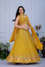Women's Mustard Yellow Fox Georgette Embroidered Lehenga Choli with Dupatta | Wedding & Festive Wear