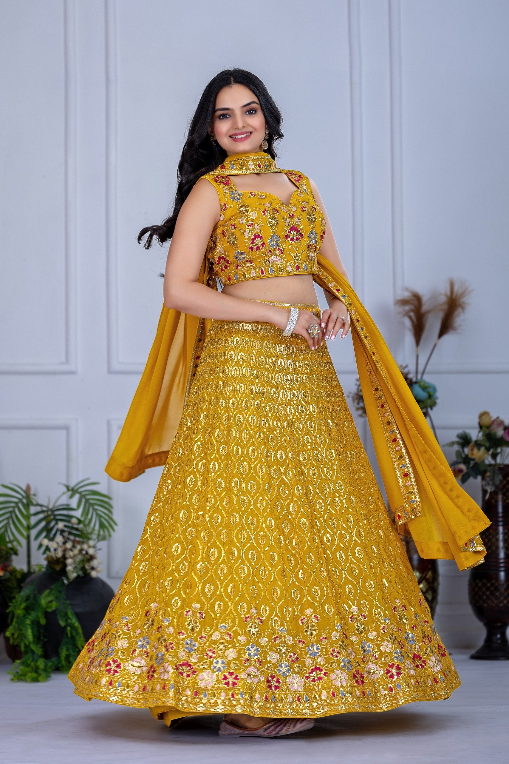 Women's Mustard Yellow Fox Georgette Embroidered Lehenga Choli with Dupatta | Wedding & Festive Wear