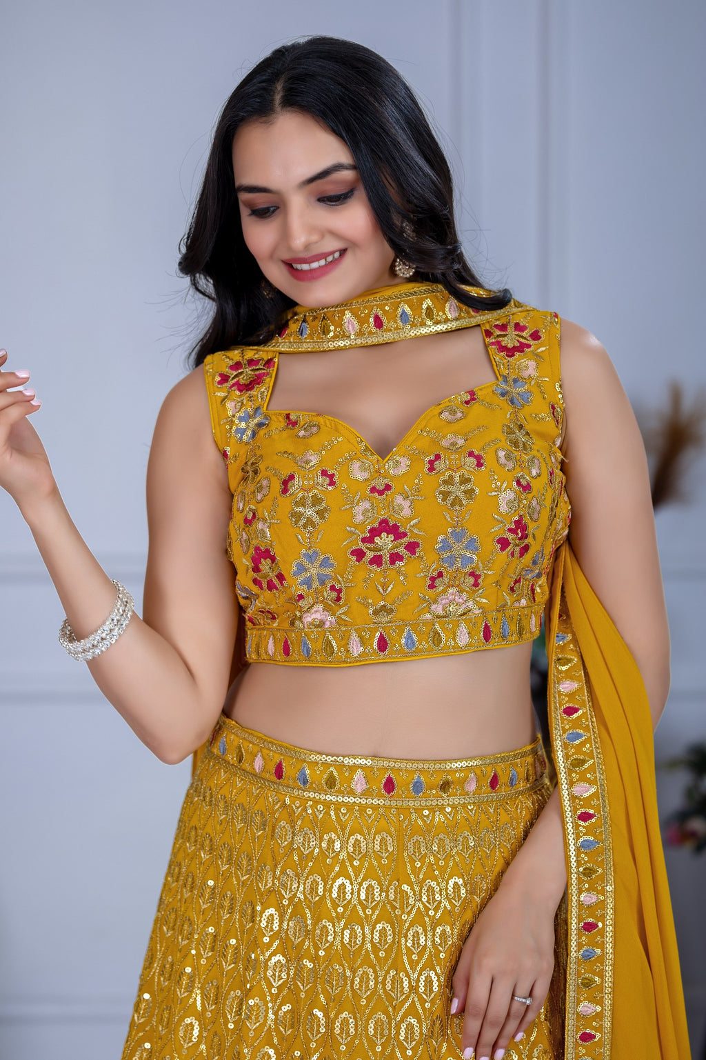 Women's Mustard Yellow Fox Georgette Embroidered Lehenga Choli with Dupatta | Wedding & Festive Wear