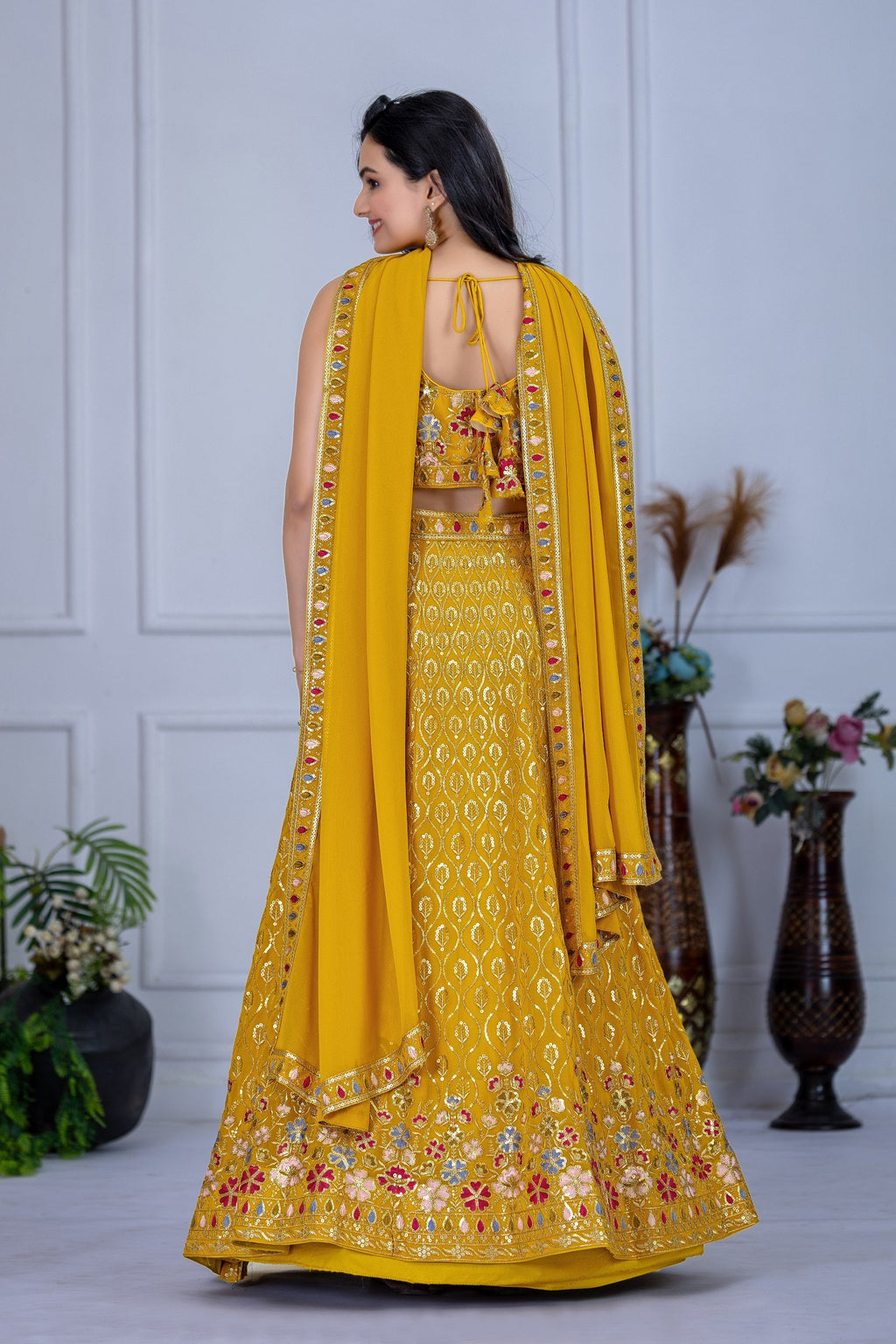 Women's Mustard Yellow Fox Georgette Embroidered Lehenga Choli with Dupatta | Wedding & Festive Wear
