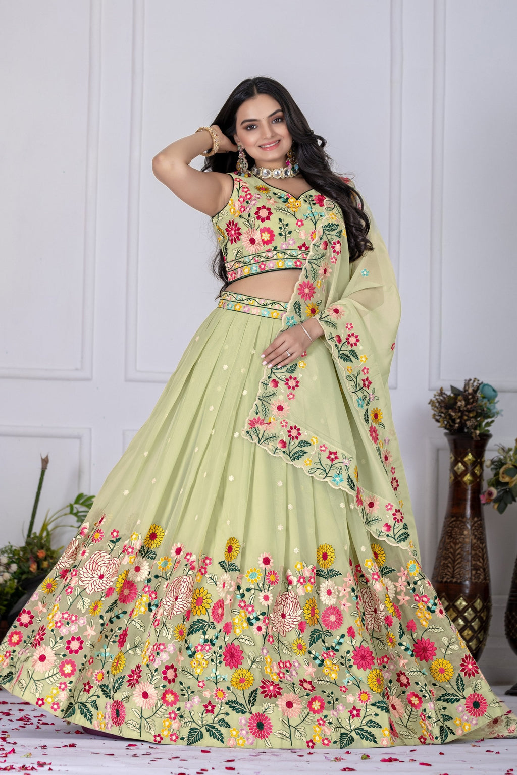 Women's Pastel Green Crystal Embroidered Lehenga Choli with Dupatta | Wedding & Festive Wear