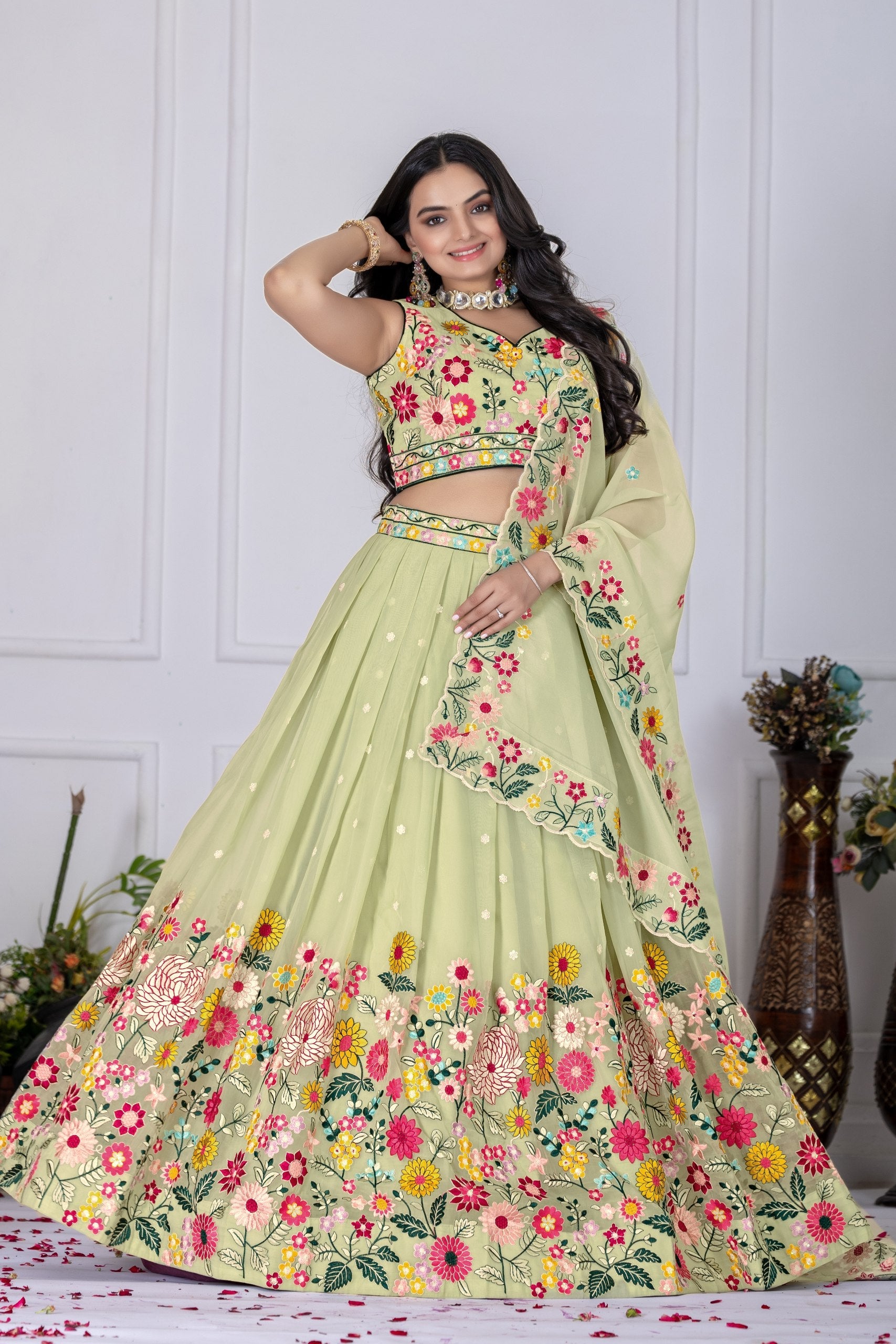 Women's Pastel Green Crystal Embroidered Lehenga Choli with Dupatta | Wedding & Festive Wear