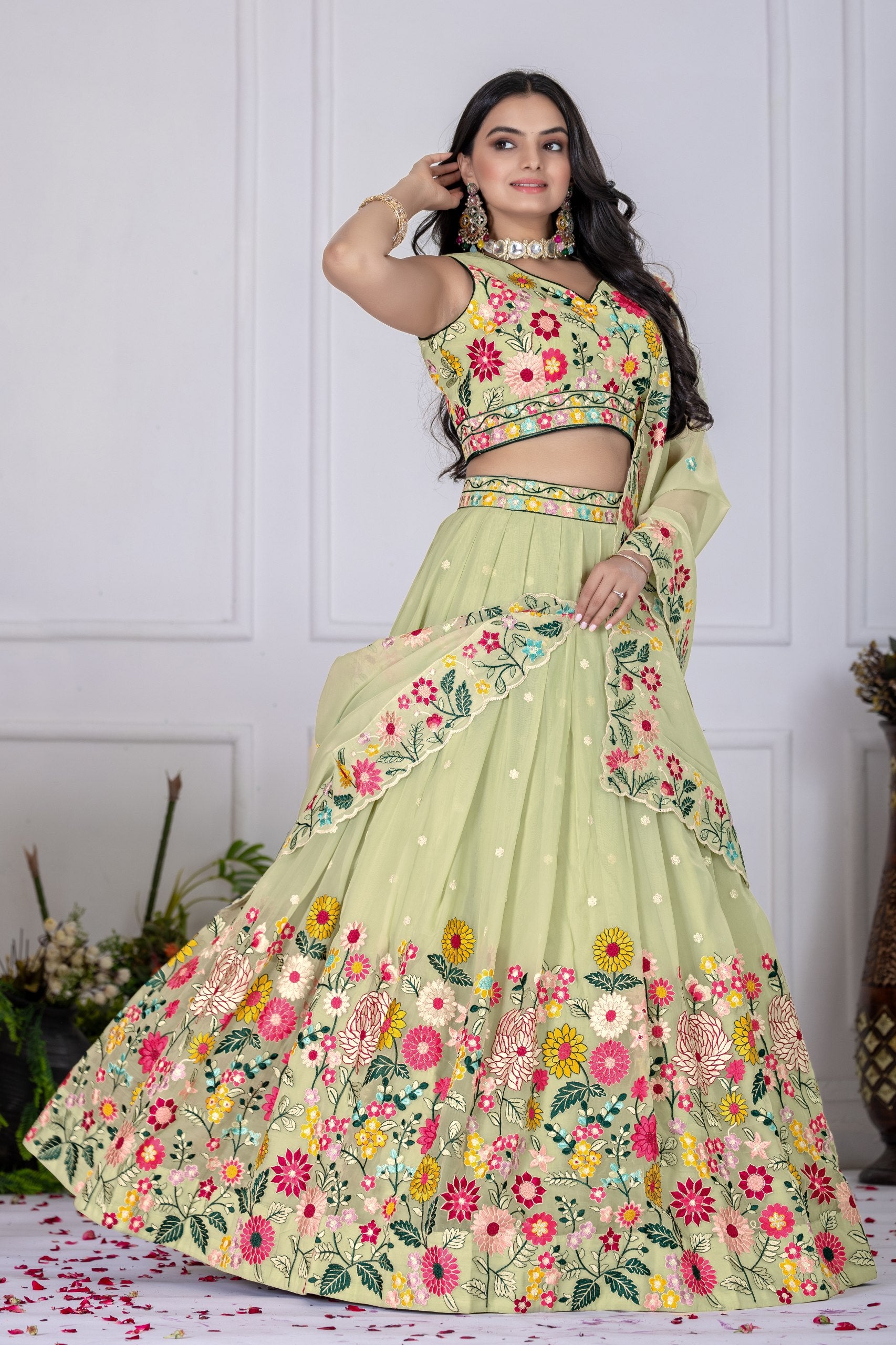 Women's Pastel Green Crystal Embroidered Lehenga Choli with Dupatta | Wedding & Festive Wear