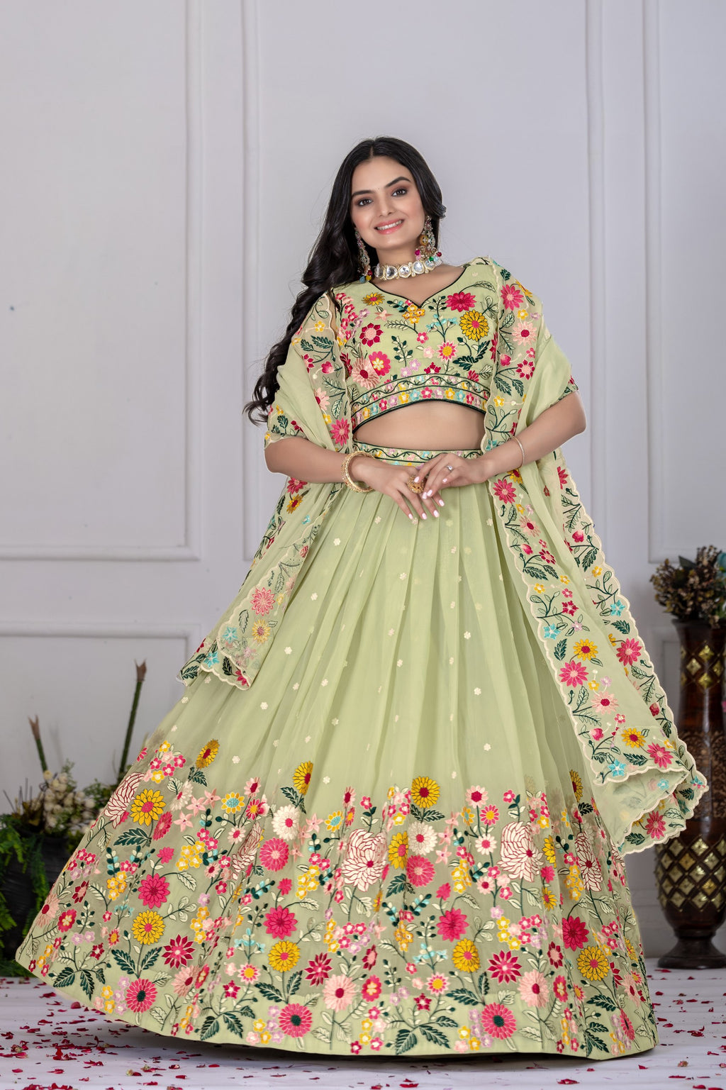 Women's Pastel Green Crystal Embroidered Lehenga Choli with Dupatta | Wedding & Festive Wear