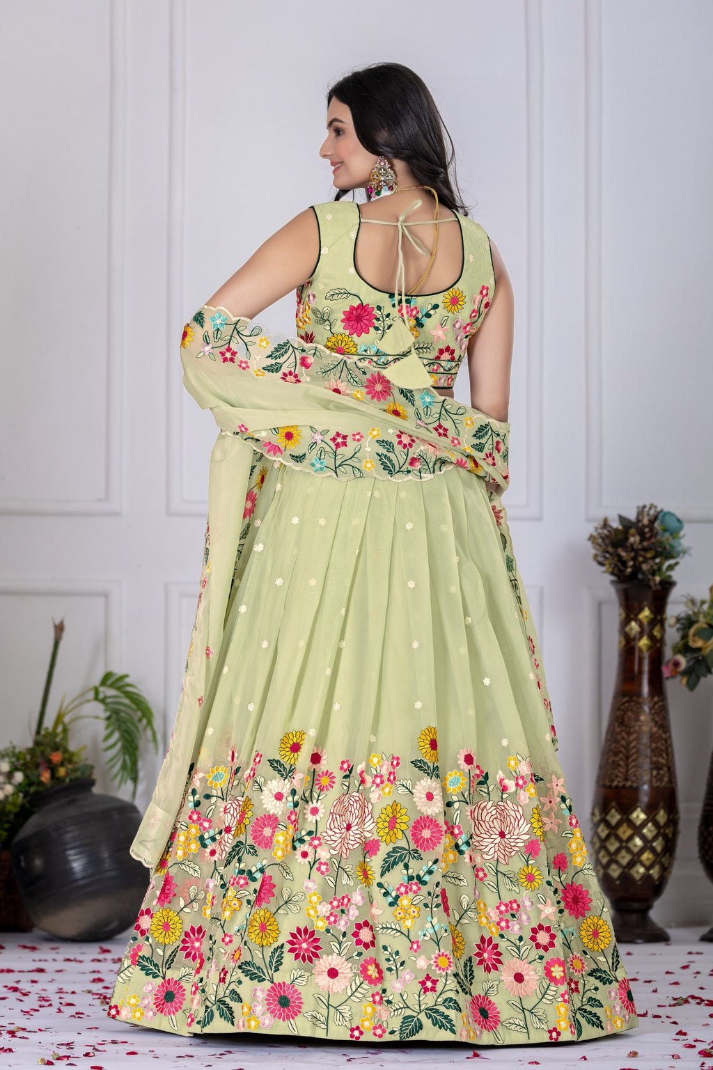 Women's Pastel Green Crystal Embroidered Lehenga Choli with Dupatta | Wedding & Festive Wear