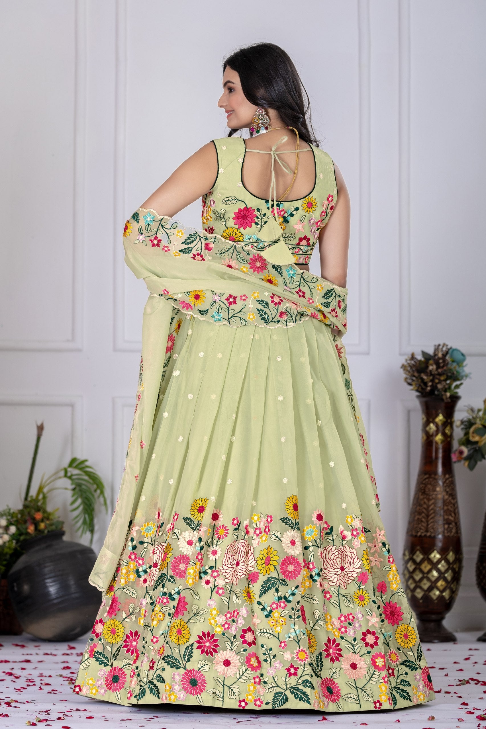 Women's Pastel Green Crystal Embroidered Lehenga Choli with Dupatta | Wedding & Festive Wear