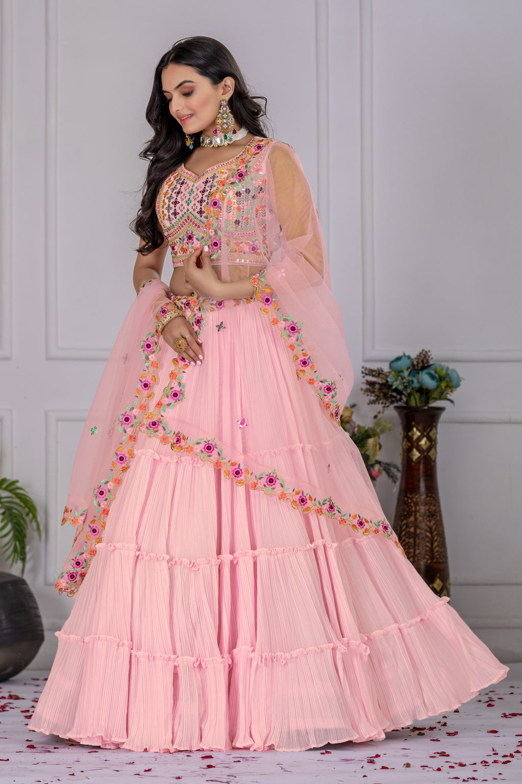 Women's Baby Pink Star Fox Georgette Embroidered Lehenga Choli with Dupatta | Wedding & Festive Wear