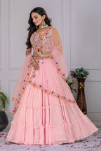 Women's Baby Pink Star Fox Georgette Embroidered Lehenga Choli with Dupatta | Wedding & Festive Wear