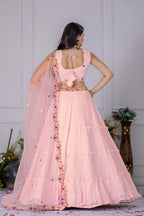 Women's Baby Pink Star Fox Georgette Embroidered Lehenga Choli with Dupatta | Wedding & Festive Wear