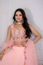 Women's Baby Pink Star Fox Georgette Embroidered Lehenga Choli with Dupatta | Wedding & Festive Wear