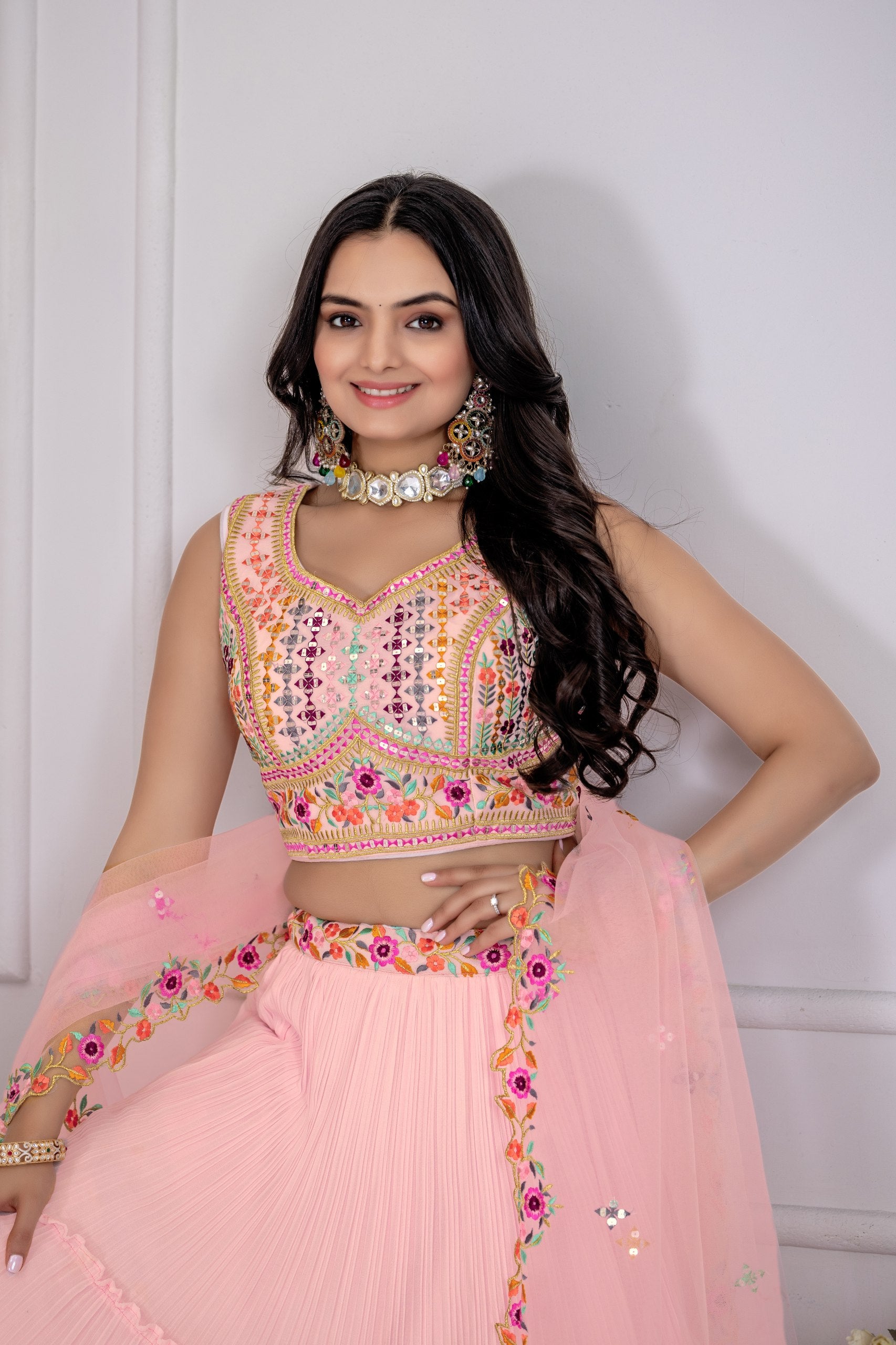 Women's Baby Pink Star Fox Georgette Embroidered Lehenga Choli with Dupatta | Wedding & Festive Wear