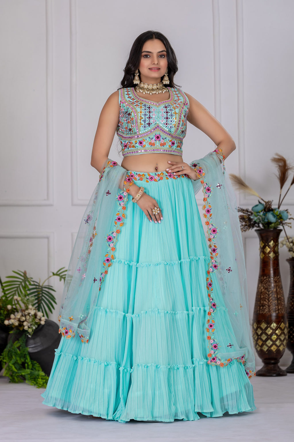 Women's Aqua Blue Star Fox Georgette Embroidered Lehenga Choli with Soft Net Dupatta | Designer Wedding & Festive Wear