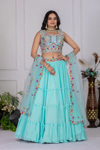 Women's Aqua Blue Star Fox Georgette Embroidered Lehenga Choli with Soft Net Dupatta | Designer Wedding & Festive Wear