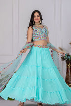 Women's Aqua Blue Star Fox Georgette Embroidered Lehenga Choli with Soft Net Dupatta | Designer Wedding & Festive Wear