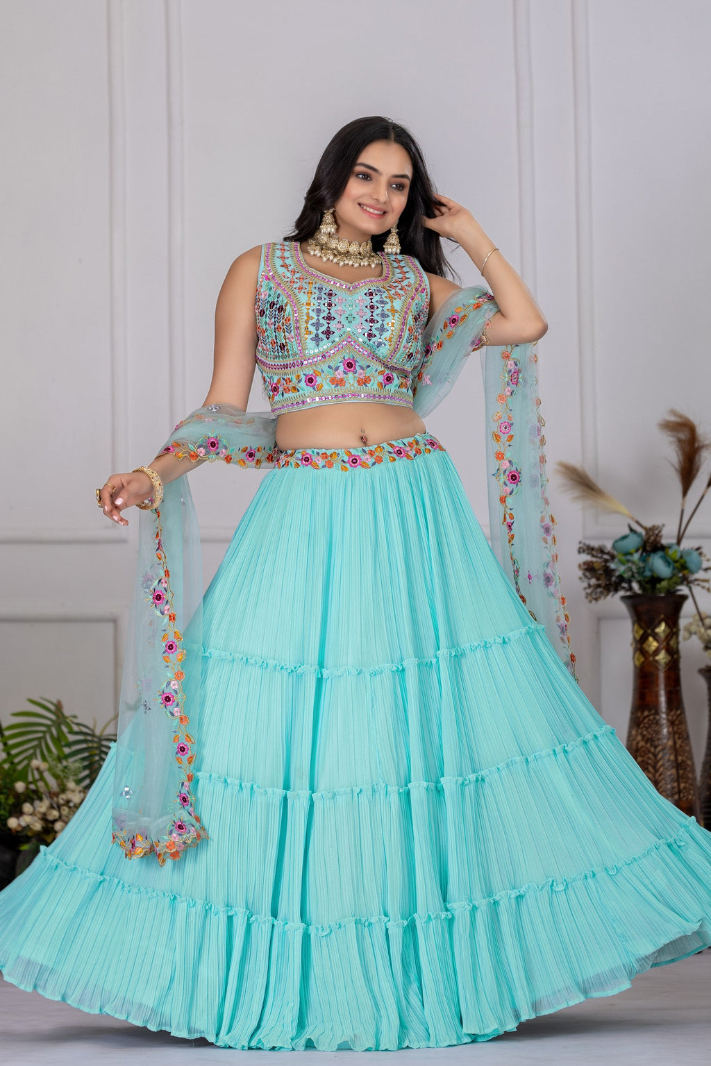 Women's Aqua Blue Star Fox Georgette Embroidered Lehenga Choli with Soft Net Dupatta | Designer Wedding & Festive Wear