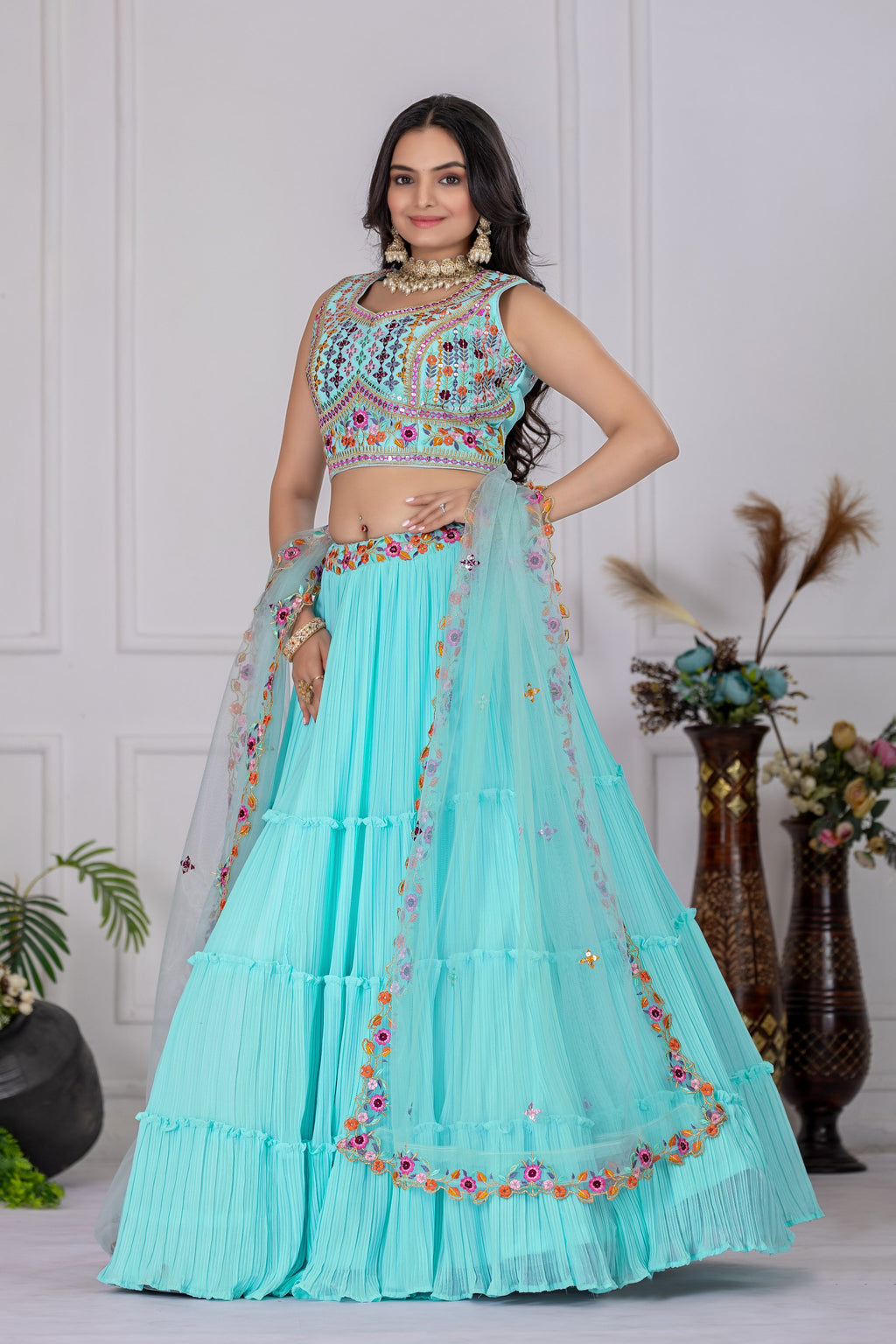 Women's Aqua Blue Star Fox Georgette Embroidered Lehenga Choli with Soft Net Dupatta | Designer Wedding & Festive Wear