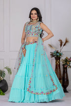 Women's Aqua Blue Star Fox Georgette Embroidered Lehenga Choli with Soft Net Dupatta | Designer Wedding & Festive Wear