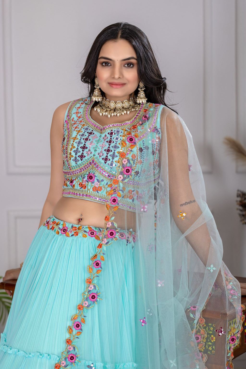 Women's Aqua Blue Star Fox Georgette Embroidered Lehenga Choli with Soft Net Dupatta | Designer Wedding & Festive Wear