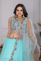 Women's Aqua Blue Star Fox Georgette Embroidered Lehenga Choli with Soft Net Dupatta | Designer Wedding & Festive Wear