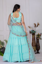 Women's Aqua Blue Star Fox Georgette Embroidered Lehenga Choli with Soft Net Dupatta | Designer Wedding & Festive Wear